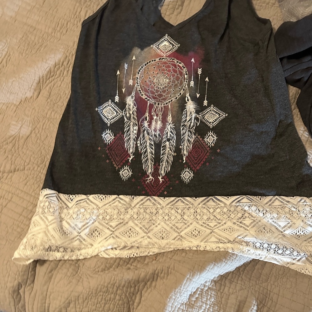 Vanity Charcoal Dreamcatcher Tank with Lace Hem